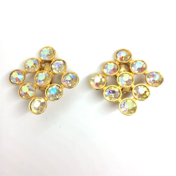 VINTAGE 80S DIAMOND SHAPE GRID LARGE PARTY AURORA BOREALIS CLIP ON EARRINGS - Picture 9 of 17